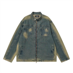 American Workwear Stitching Denim Coat For Men And Women Blue