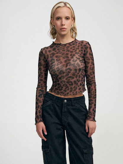 Women's Leopard-Print Mesh Printed Bodysuit T-Shirt Top Picture 1