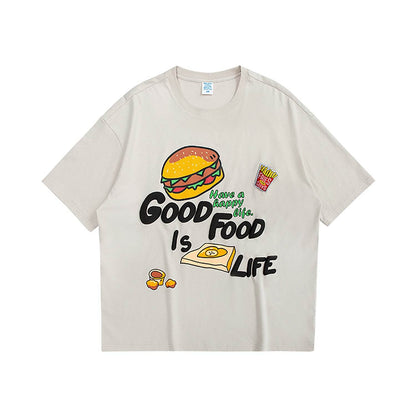French Fries Cartoon Burger Loose T-shirt For Women Beige MuddyStock