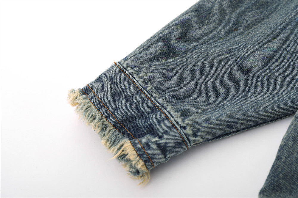 Five-pointed Star Patch Cat Beard Denim Washed Distressed Jacket For Women MuddyStock null