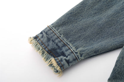 Five-pointed Star Patch Cat Beard Denim Washed Distressed Jacket For Women MuddyStock null