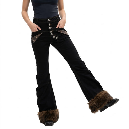 Bent blade pleated splicing slim fit flared jeans for women | MuddyStock Originals