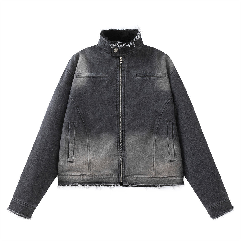 Washing Gradient Frayed Hem Denim Jacket For Women MuddyStock null