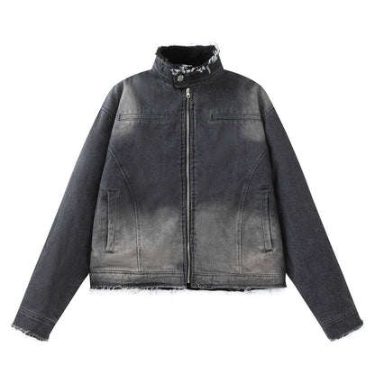 Washing Gradient Frayed Hem Denim Jacket For Women Black MuddyStock null