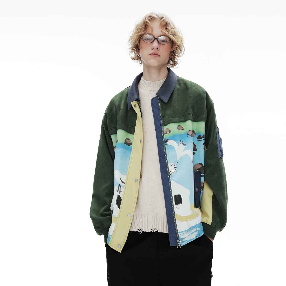 Retro Patchwork Baseball Jacket For Men Blackish green MuddyStock