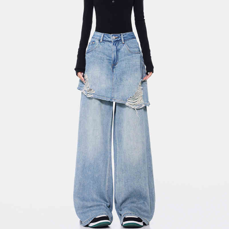 Vintage Blue Washed Fake Two-piece Jeans For Women Ripped Straight Pants MuddyStock