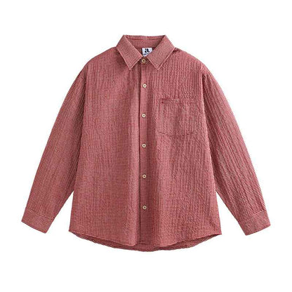 Bubble Texture Plaid Long Sleeve Shirt For Men Red Plaid null