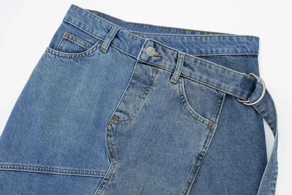 Vintage Blue Stitching Asymmetric Denim Skirt For Women | MuddyStock Originals