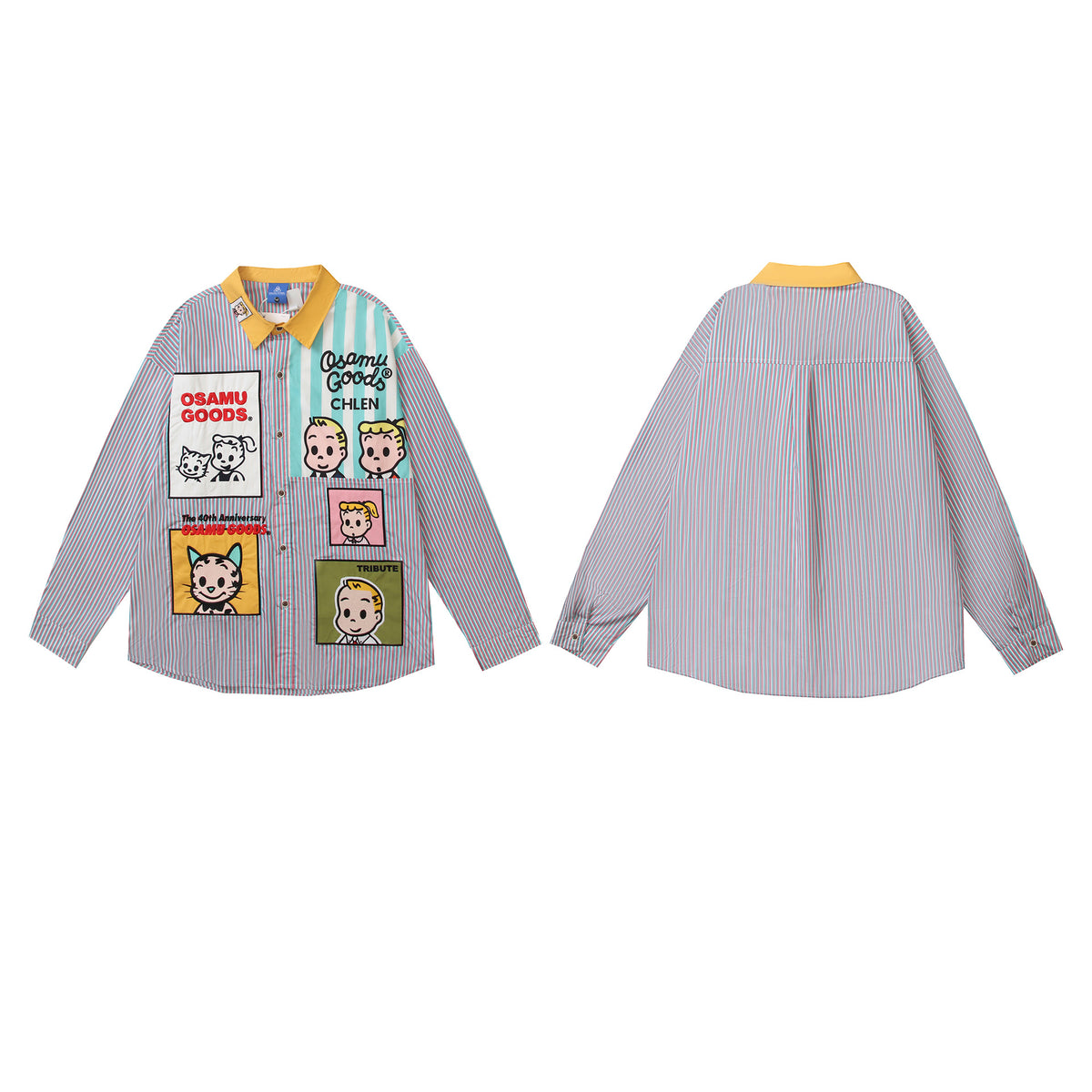 Retro Cartoon Applique Patchwork Striped Long Sleeve Shirt Unisex Personality Loose BF Couple Blouse