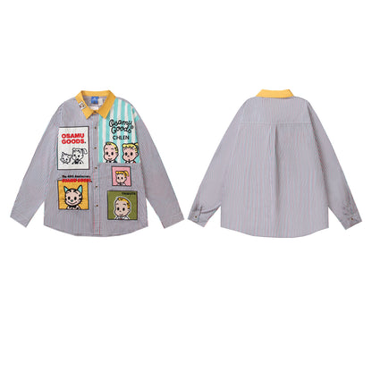 Retro Cartoon Applique Patchwork Striped Long Sleeve Shirt Unisex Personality Loose BF Couple Blouse