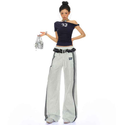 White Striped Casual Pants For Women | MuddyStock Originals Striped Long Pants MuddyStock