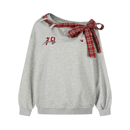 Slanted shoulder red checkered bow tied Sweatshirt For Women | MuddyStock Originals White MuddyStock