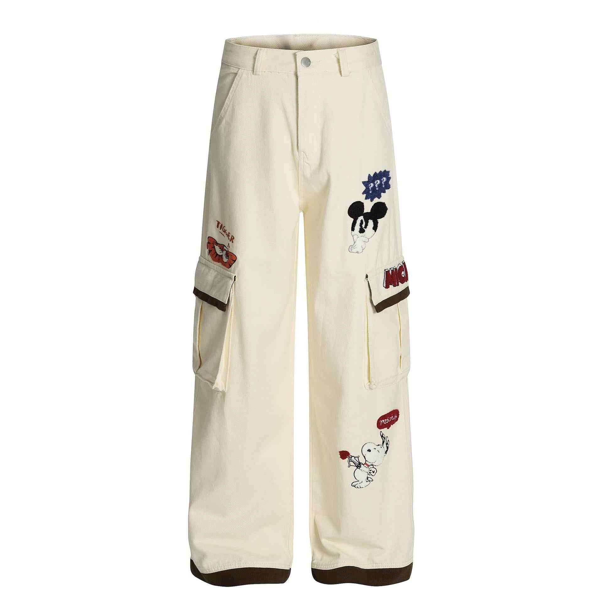 Retro cartoon embroidery patchwork workwear casual pants for men | MuddyStock Originals Apricot eprolo