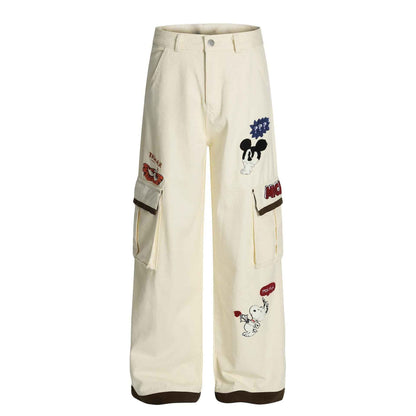 Retro cartoon embroidery patchwork workwear casual pants for men | MuddyStock Originals Apricot eprolo