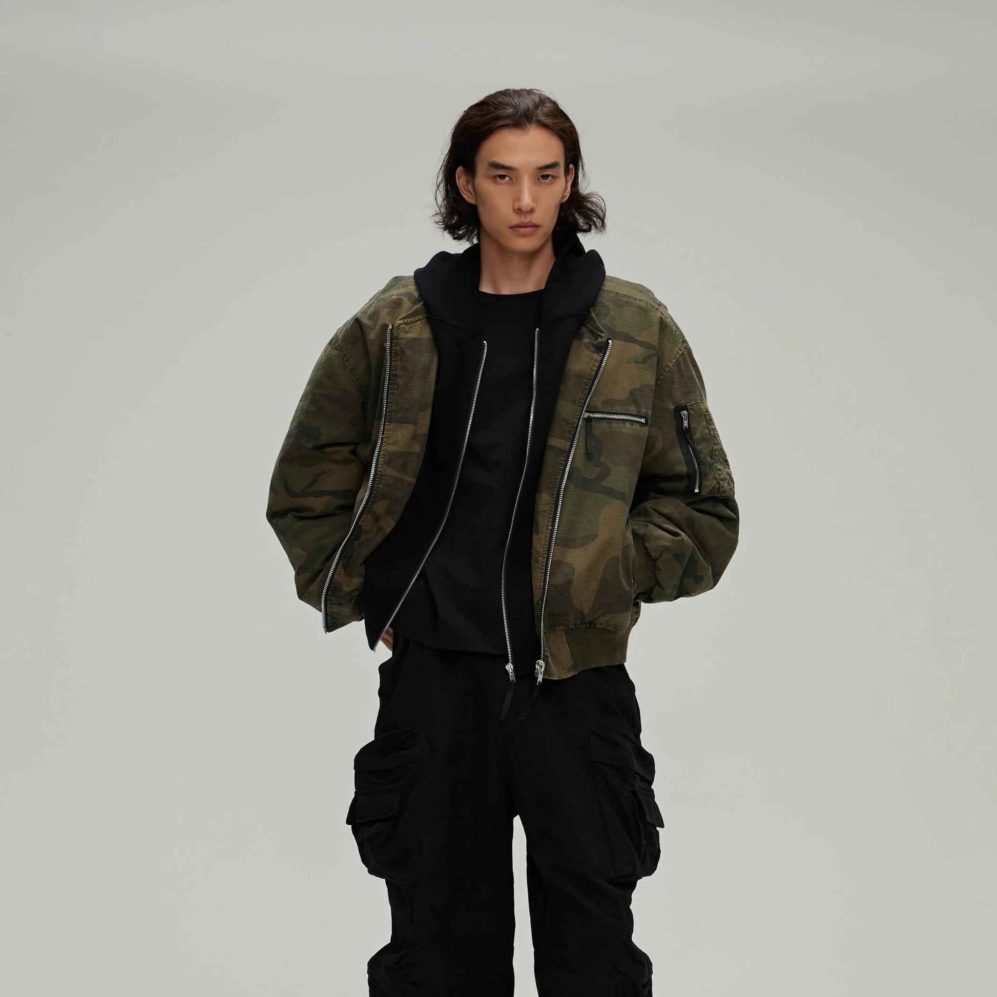 Leisure Washed-out Distressed Camouflage Fake Two-piece Cotton-padded Jacket For Men And Women MuddyStock