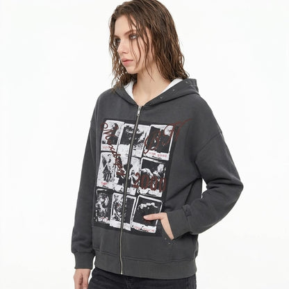 Print Zip Up Drop Shoulder Casual Hoodie For Women | MuddyStock Originals