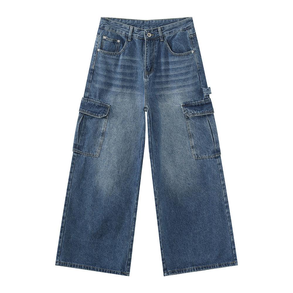 Wide-leg Multi-pocket Straight-leg Work Pants For Men Blue