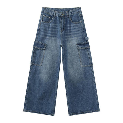 Wide-leg Multi-pocket Straight-leg Work Pants For Men Blue