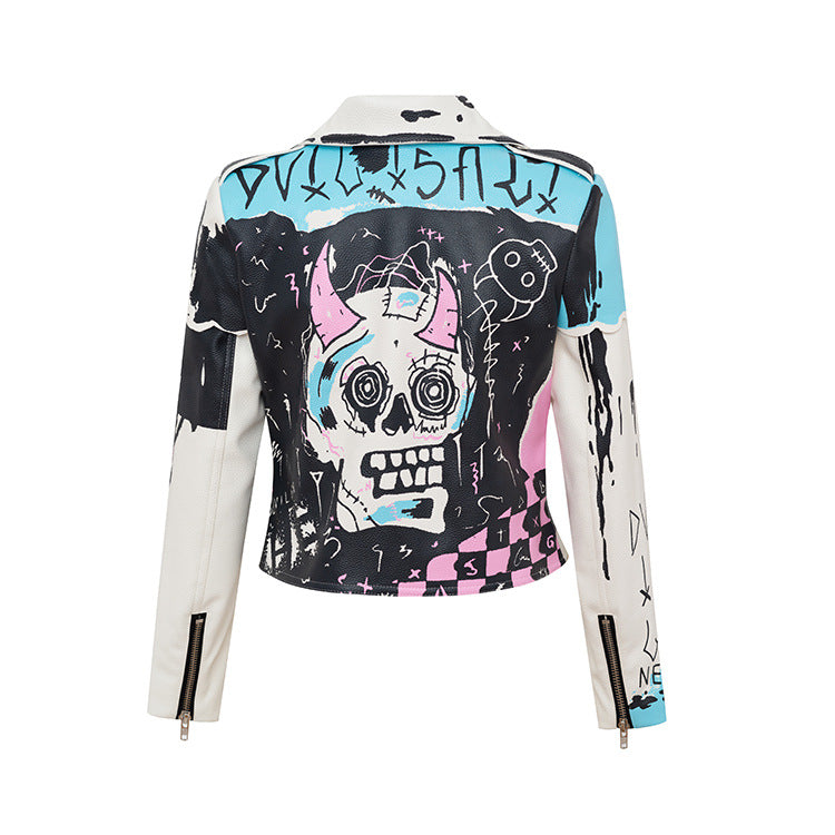 Graffiti Print Rivet Motorcycle Leather Jacket For Women