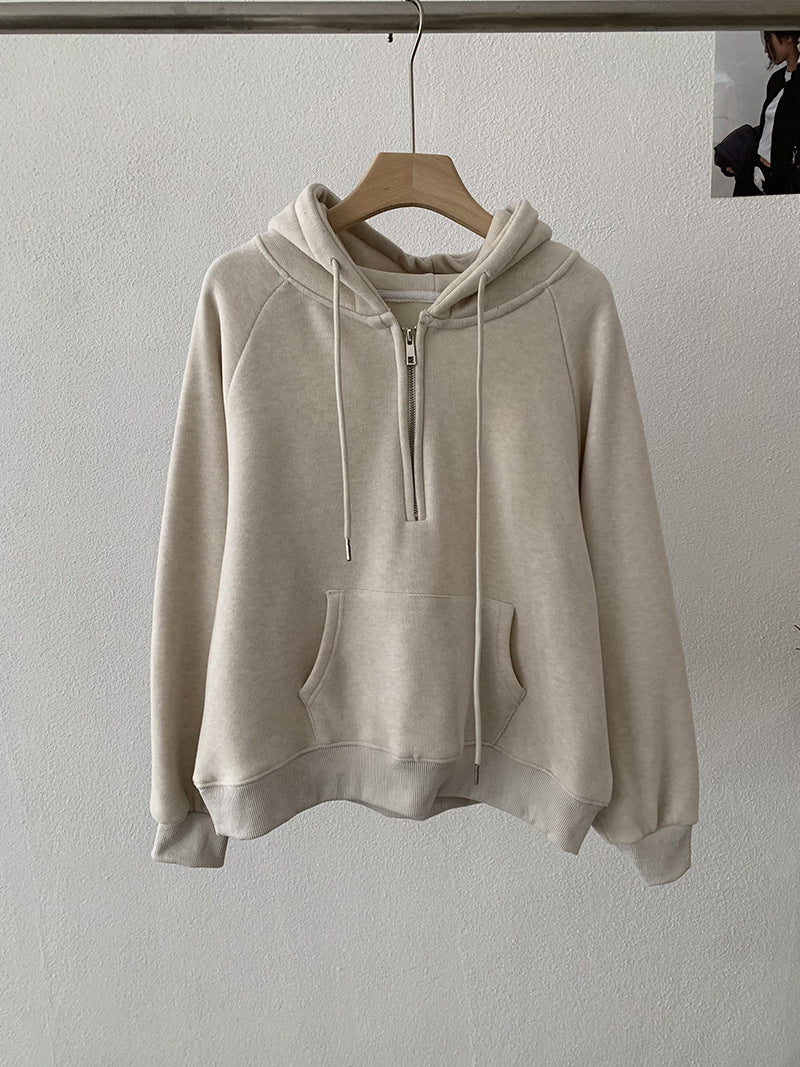 Omalai Half-Zip Hooded Pullover Sweatshirt Women Loose Thick Fleece Long Sleeve Solid Color Top Real Shot Apricot One Size eprolo