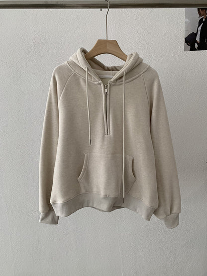 Omalai Half-Zip Hooded Pullover Sweatshirt Women Loose Thick Fleece Long Sleeve Solid Color Top Real Shot Apricot One Size eprolo