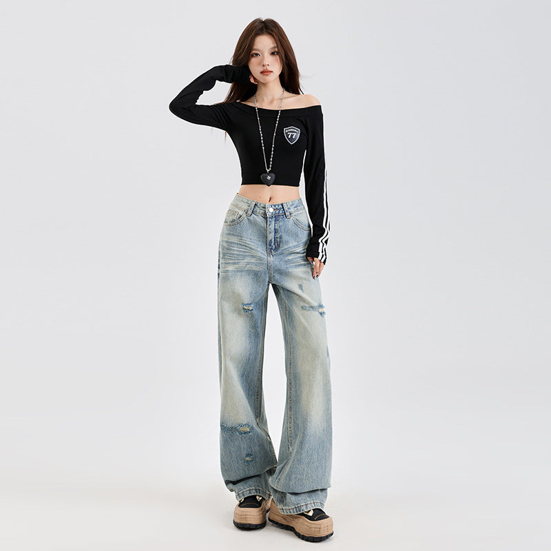 Washed Distressed Floor-Length Wide Straight Leg Pants for Women | MuddyStock Originals MuddyStock