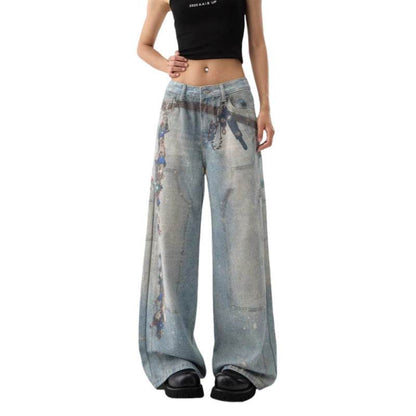 Women's American-style Retro Washed Wide-leg Pants Retro Blue MuddyStock