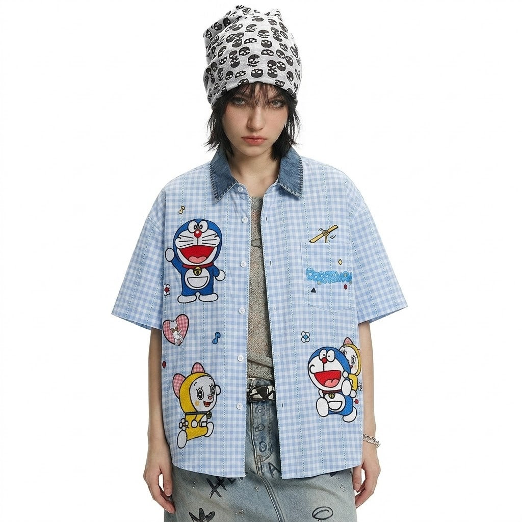 Cartoon Doraemon Plaid Short Sleeve Shirt For Women | MuddyStock Originals eprolo