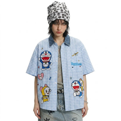 Cartoon Doraemon Plaid Short Sleeve Shirt For Women | MuddyStock Originals eprolo