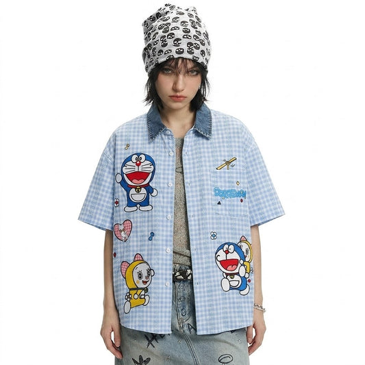 Cartoon Doraemon Plaid Short Sleeve Shirt For Women | MuddyStock Originals eprolo