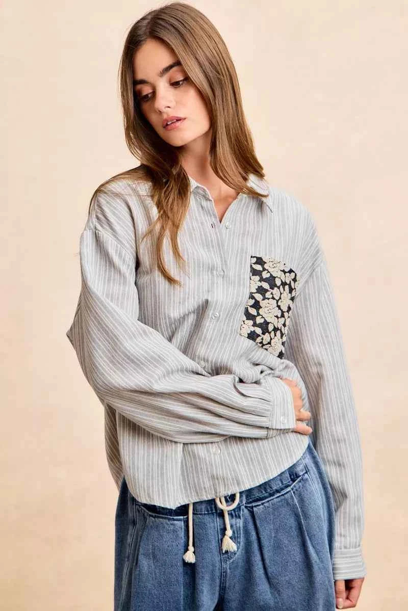 Flower Jacquard Knit Patch Pocket Stripe Shirt For Women Trendsi