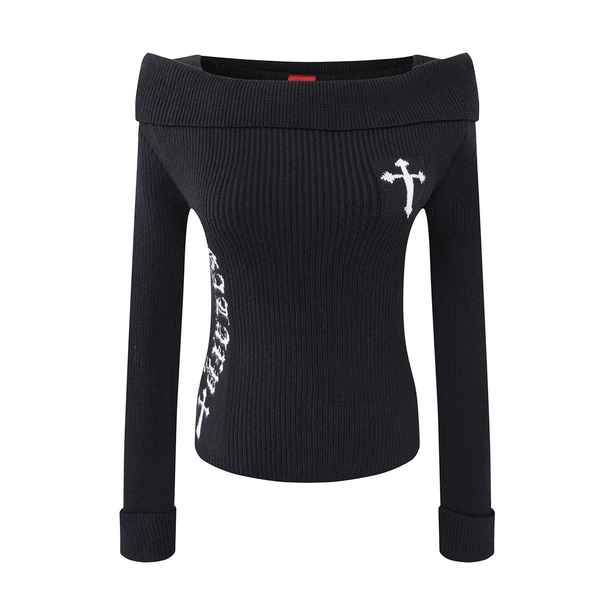 Women's Jacquard Long Sleeve Off-Shoulder Slim Fit Knit Top | MuddyStock Originals Black