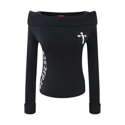 Women's Jacquard Long Sleeve Off-Shoulder Slim Fit Knit Top | MuddyStock Originals Black