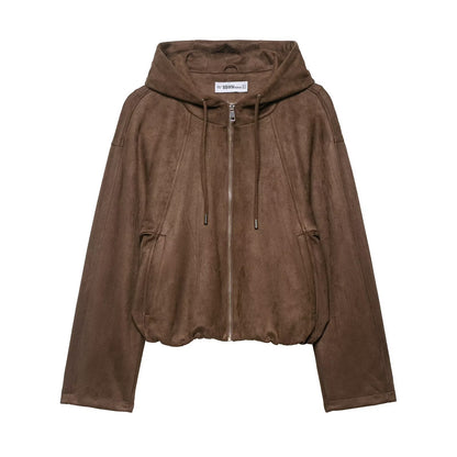 Loose Hooded Faux Velvet Short Jacket for Women Brown eprolo