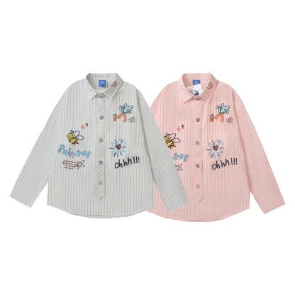 Retro Bee Letter Print Striped Couple Long Sleeve Shirt Loose Fit All-Match Blouse Men