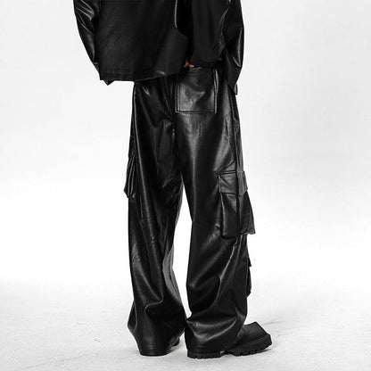 Men's Loose Straight Casual American Retro Street PU Leather Pants MuddyStock