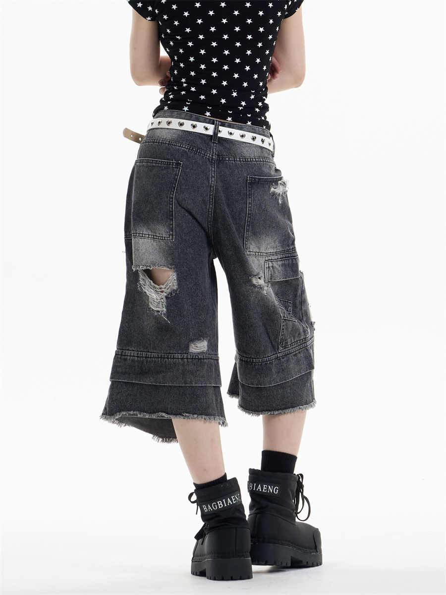 Ripped Denim Cropped Pants For Women