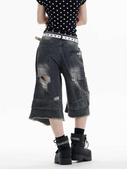 Ripped Denim Cropped Pants For Women