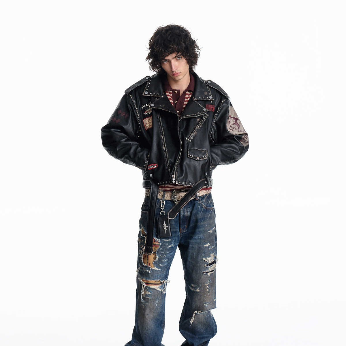 Irregular Placket Lychee-textured Biker Jacket For Men Black All Products