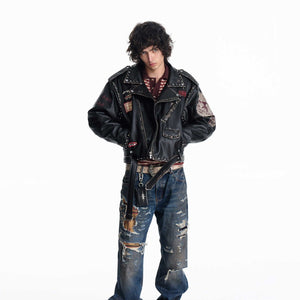 Irregular Placket Lychee-textured Biker Jacket For Men Black All Products