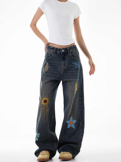 Casual Loose Wide-leg Pants For Women Retro Blue MuddyStock