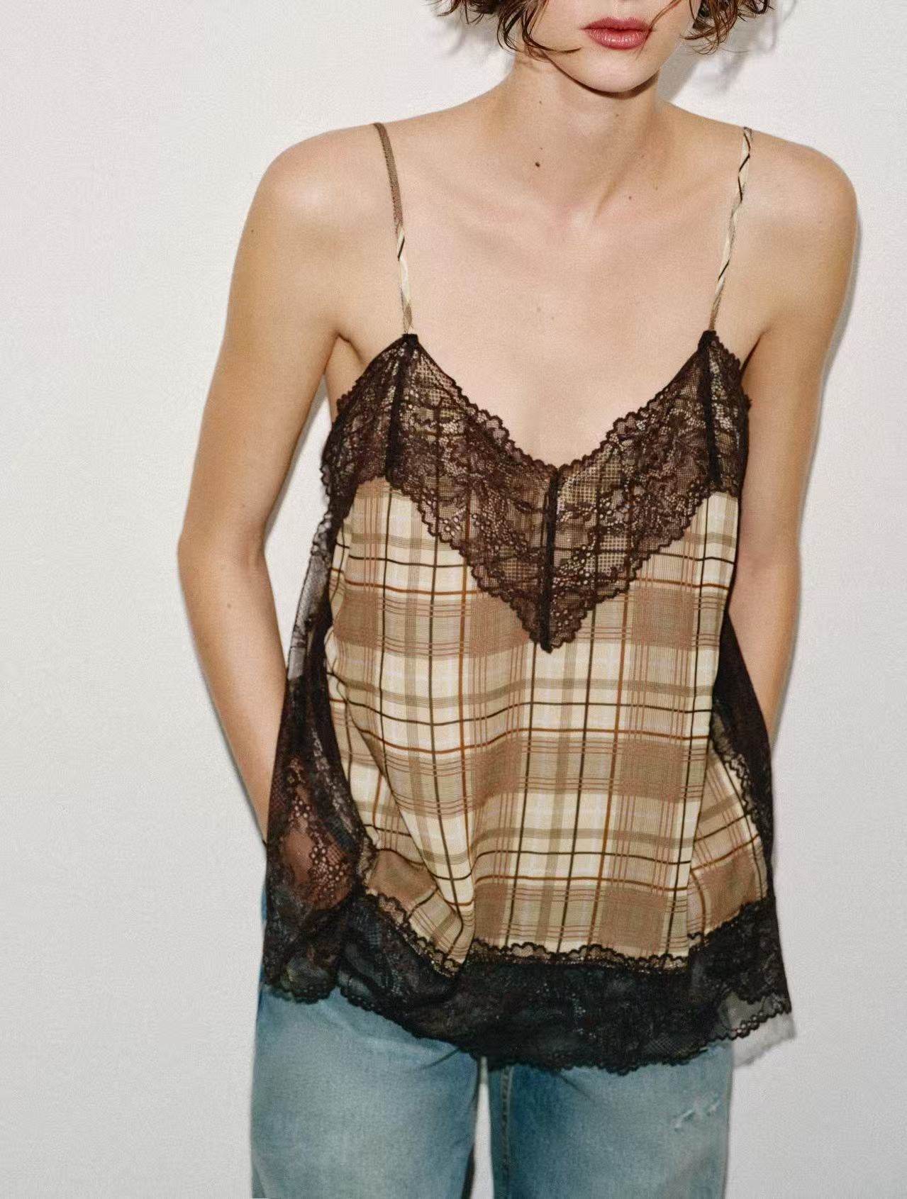 V-neck Plaid Lace Camisole Top Caramel Color