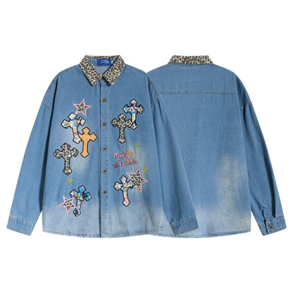 Long Sleeve Leopard Print Collar Star Patch Embroidery Distressed Denim Shirt