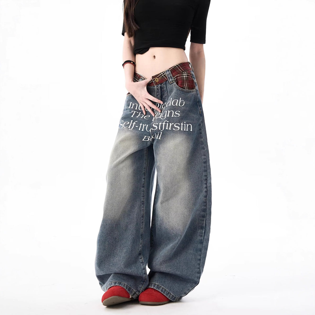 Retro Washed Letter Print Men's Wide-Leg Loose Straight Leg Jeans