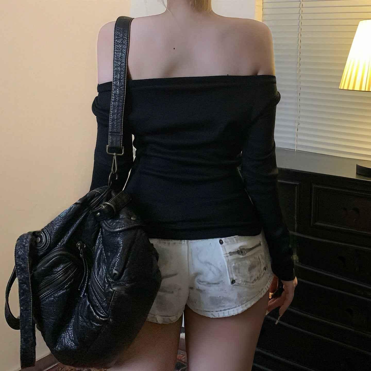 Pattern print off shoulder basic top for women MuddyStock