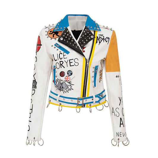 Personalized Graffiti Print Motorcycle Leather Jacket For Women MuddyStock