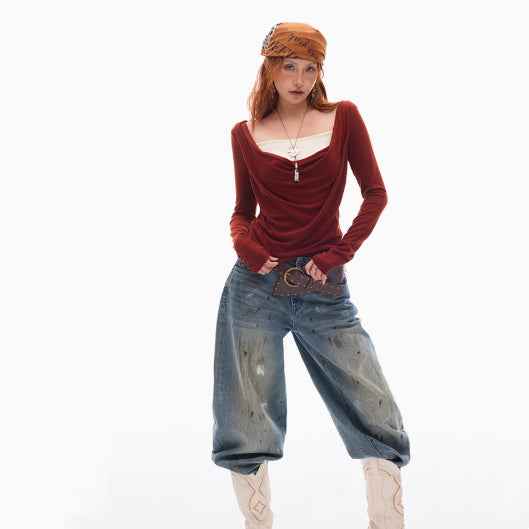 Beaded Swing Collar Knitted Top For Women