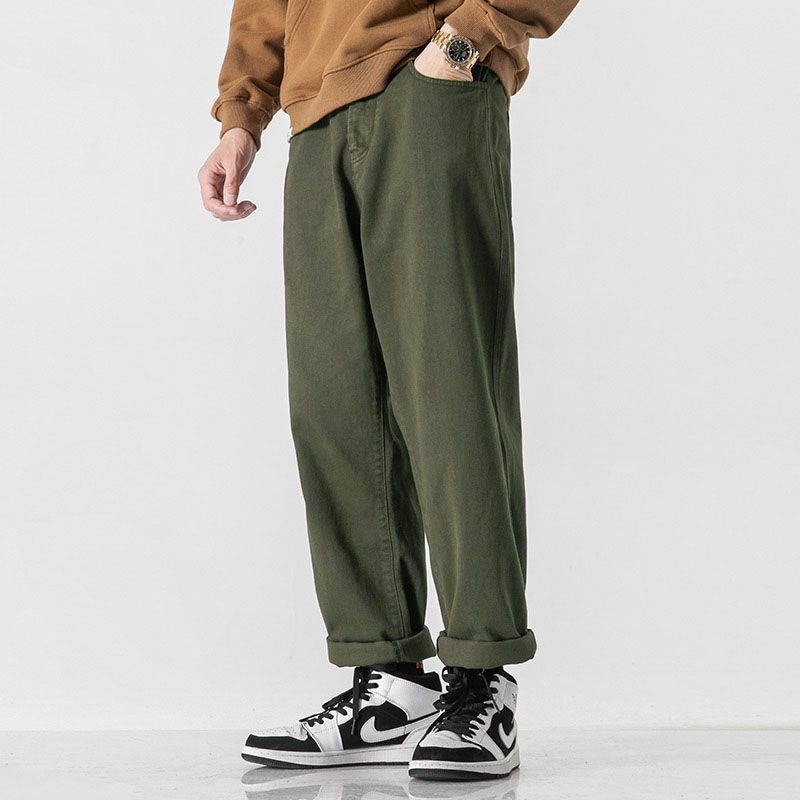 Retro Solid Color Loose Straight Trousers Army Green 1K758 1