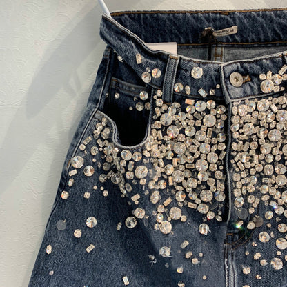 Beaded and diamond front split denim skirt for women All Products