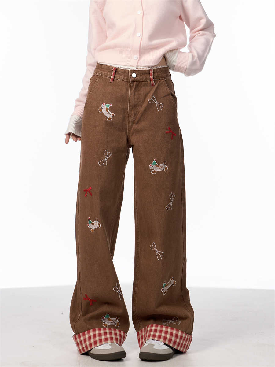Vintage Bow Puppy Embroidered Wide Leg High Waist Jeans For Women MuddyStock